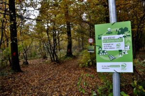 Das PEFC-Waldschild am Eingang schafft das Bewusstsein, dass nachhaltige Holz- und Papierprodukte aus diesem Wald stammen. 